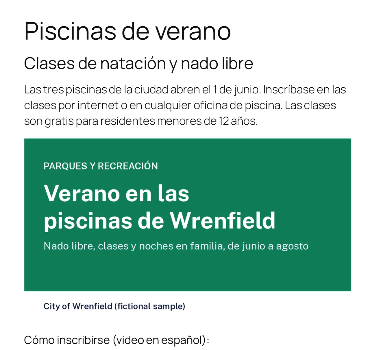 La página en español Piscinas de verano con un folleto verde en español y un enlace a un video en español.