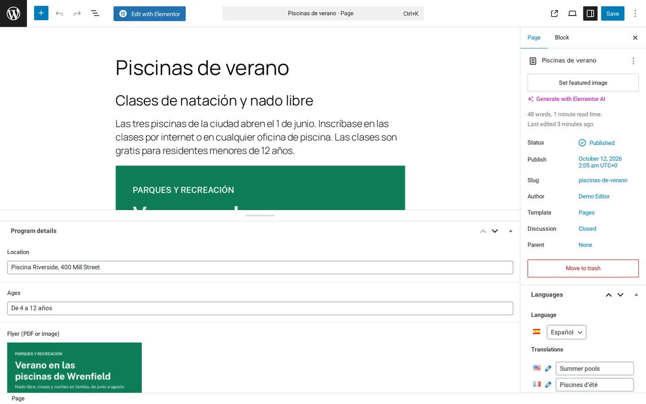 El editor de bloques de WordPress con la página en español Piscinas de verano. Debajo, campos personalizados en español y un folleto en español. En la barra lateral, el panel Idiomas enumera las versiones en inglés y francés de la misma página.