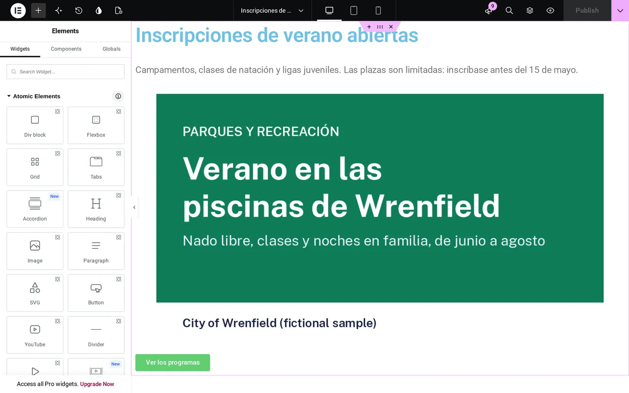 El editor de Elementor abierto en una página de inicio en español con título, texto, folleto y botón en español.