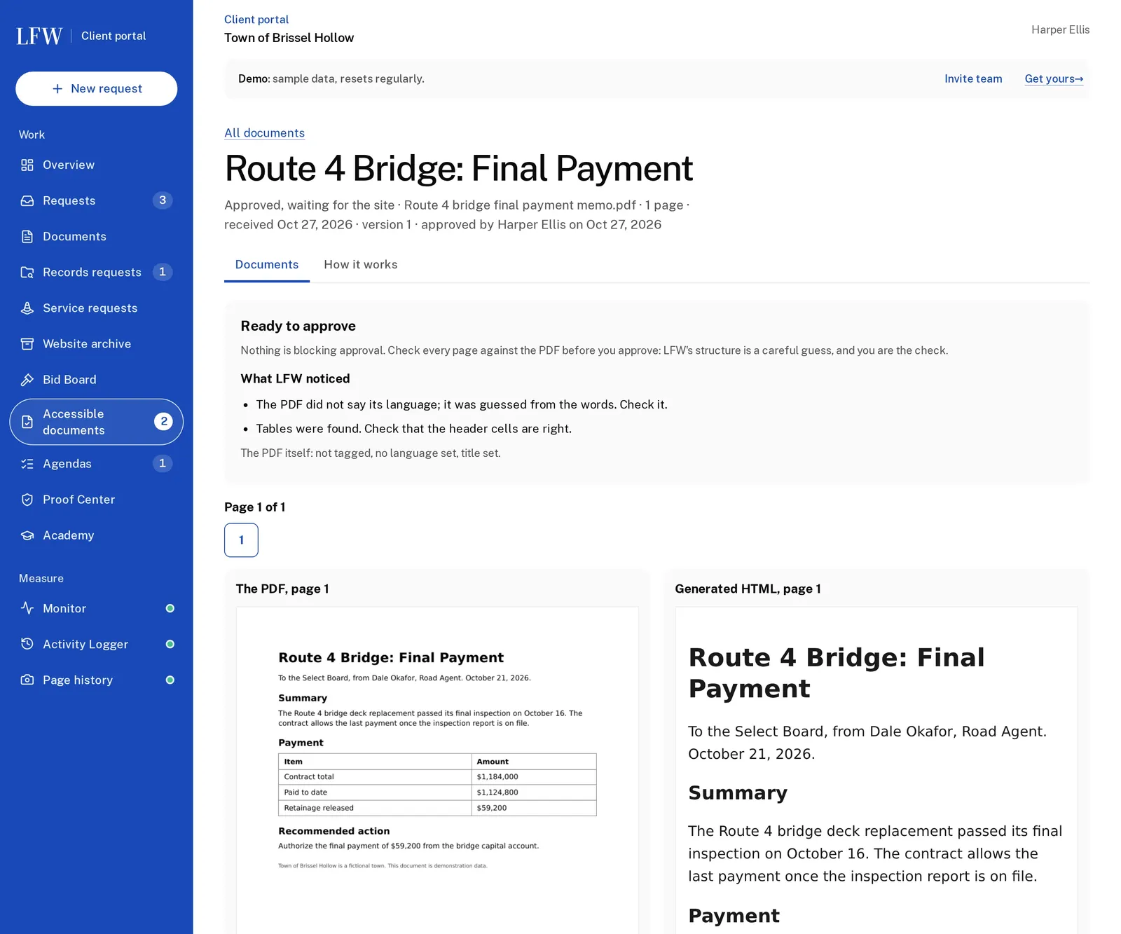 Reviewing a converted PDF, Route 4 Bridge: Final Payment: a Ready to approve panel listing what LFW noticed, then the original PDF page as a picture beside the generated HTML version of the same page.