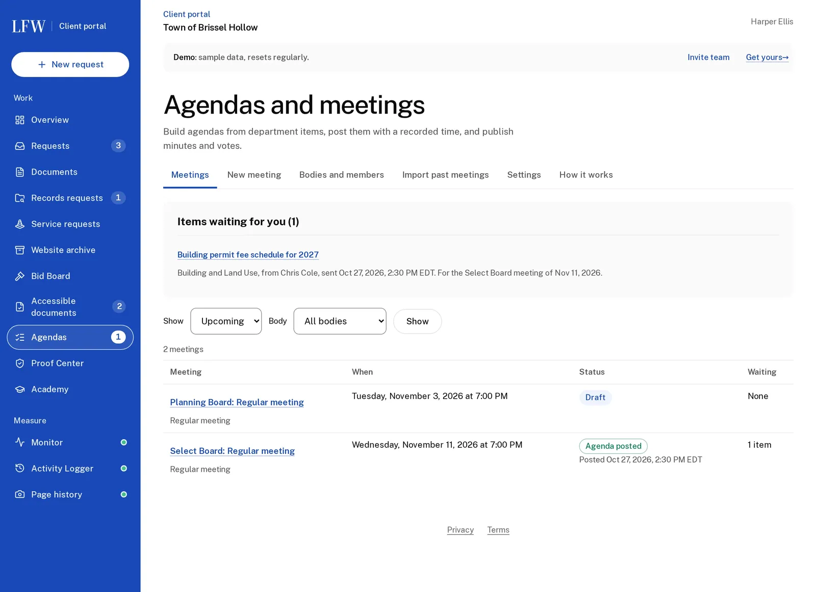 LFW Agendas in the LFW account for the fictional Town of Brissel Hollow, marked Demo: one item from Building and Land Use waiting for the clerk, and a list of two upcoming meetings, a Planning Board meeting in draft and a Select Board meeting with its agenda posted.
