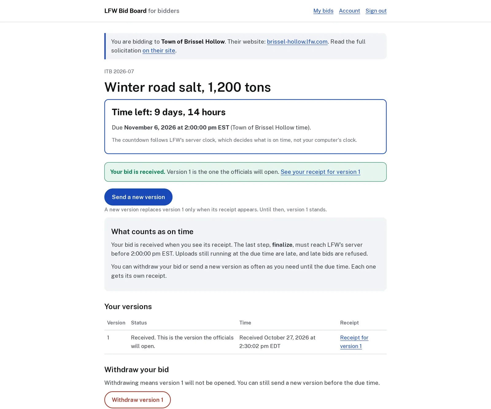 The bidder's page for Winter road salt, 1,200 tons: time left until the due date, Your bid is received with a receipt link, a button to send a new version, the rules for what counts as on time, and the bid's versions.