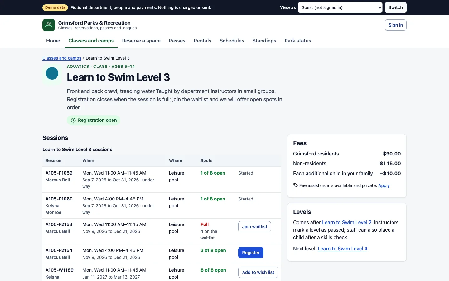 A Learn to Swim Level 3 class page: what the class covers, its sessions with days, times, instructors and open spots, one session full with a Join waitlist button, resident and non-resident fees and a note that fee assistance is available.