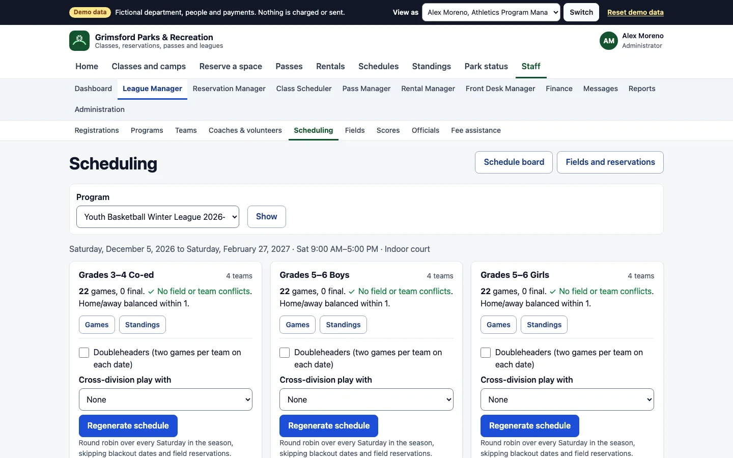 The League Manager scheduling screen for a youth basketball winter league: each division with its team count, the number of games, a note that no field or team conflicts were found, options for doubleheaders and cross-division play, and a button to regenerate the schedule.