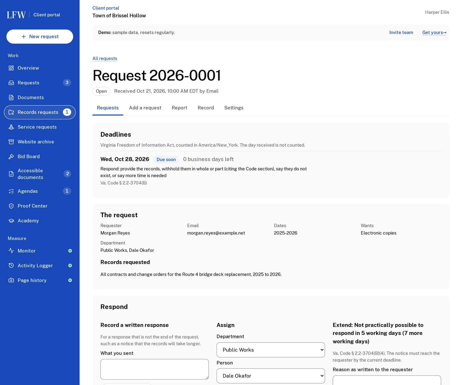 One records request, 2026-0001: the next legal deadline with a Due soon flag and the Virginia Code section it comes from, the requester's details and the records asked for, and Respond, Assign and Extend forms.