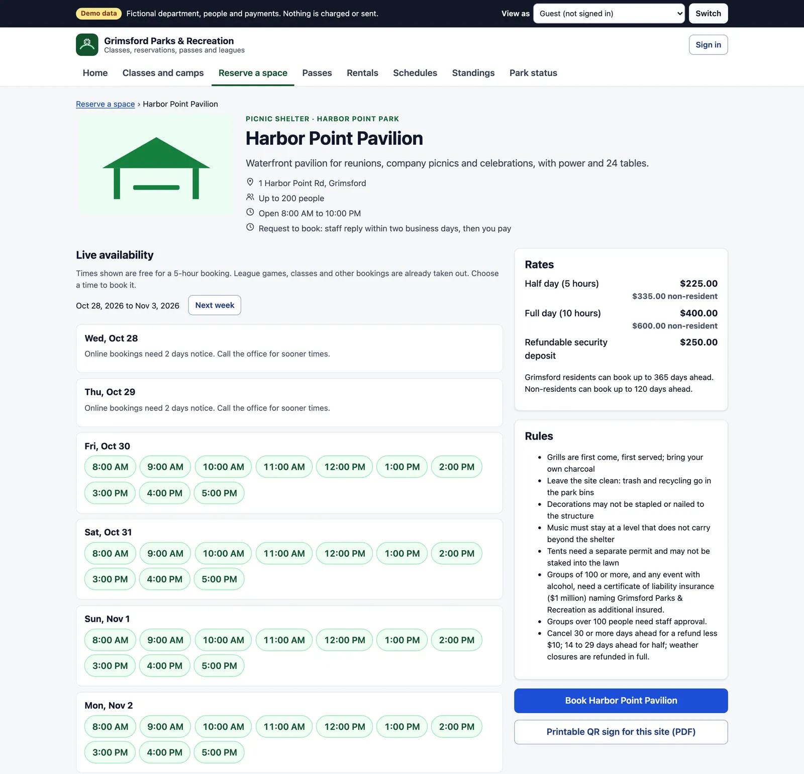Reservation Manager demo page for Harbor Point Pavilion, a fictional picnic shelter, with a Demo data label: capacity, hours and a request-to-book note; live availability by day with bookable start times from 8:00 AM to 5:00 PM and a two-day notice on the first days; resident and non-resident half-day and full-day rates with a $250 security deposit; shelter rules; and buttons to book the pavilion or print its QR sign.