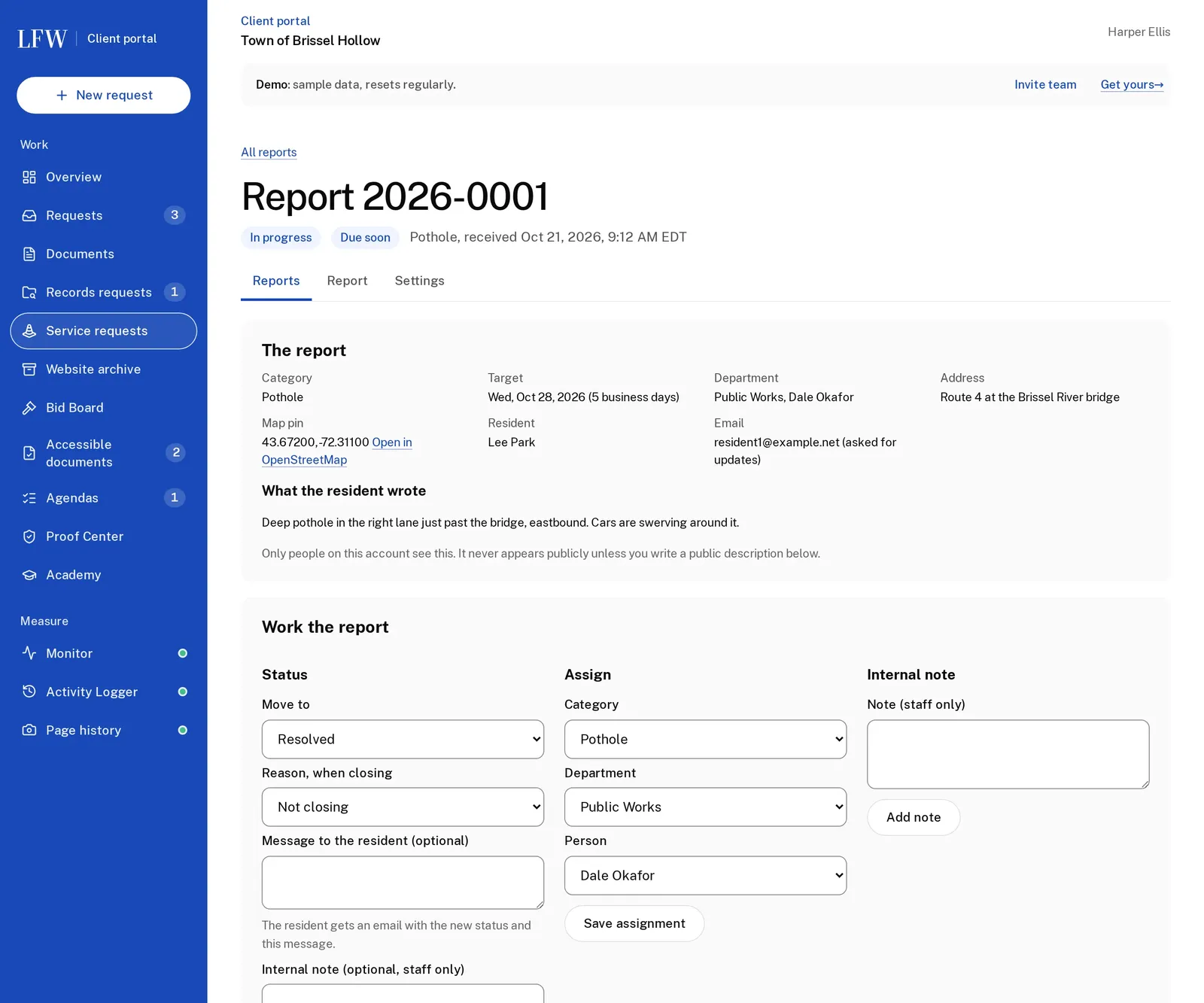 One service report, a pothole on Route 4 at the Brissel River bridge: In progress and Due soon, its category, target, department, map pin and the resident's own words, with forms to change status, assign and add a staff note.