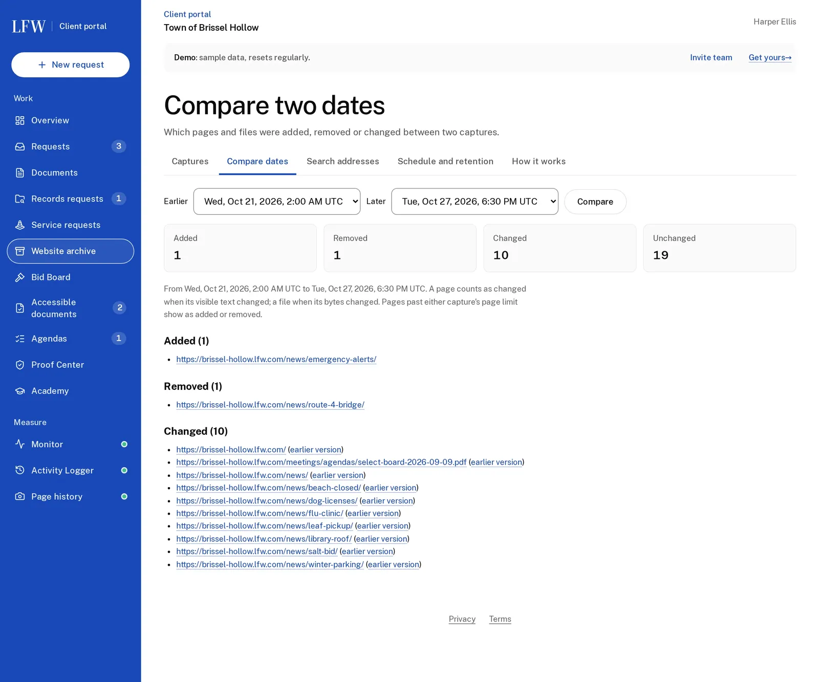 Comparing two captures, October 21 and October 27: one page added, one removed, ten changed and nineteen unchanged, with the addresses of each listed.